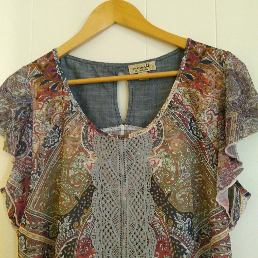 One World Womens Top Size Large Chambray Jersey Blue Floral Flutter Sleeve Lace